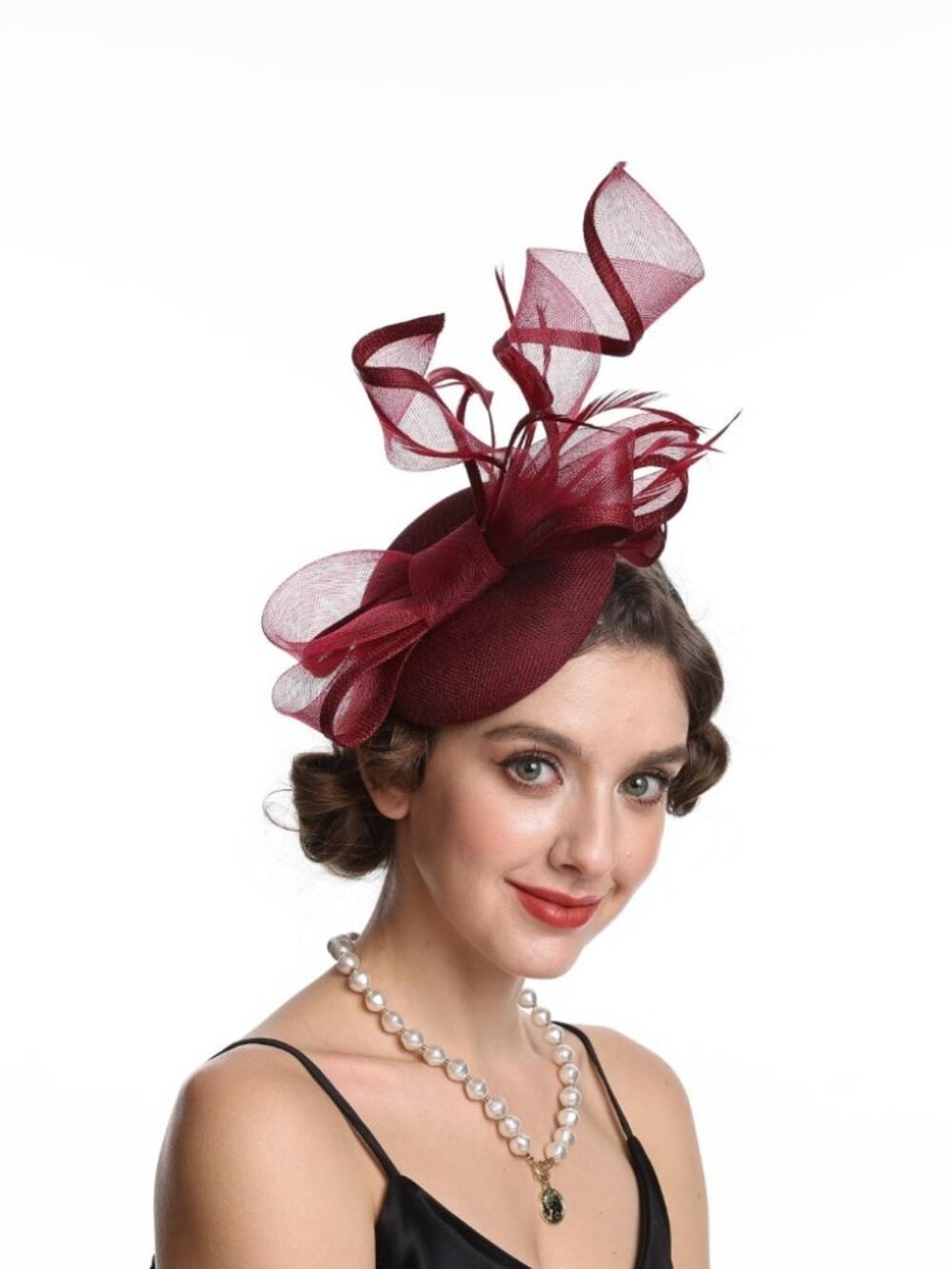 Women’s Feather Fascinator Derby Bridal Hat-Hj12-wine Red